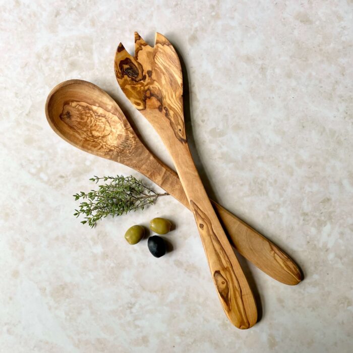 Salatbesteck aus Olivenholz 30 cm | Set aus Gabel und Löffel – Bild 1